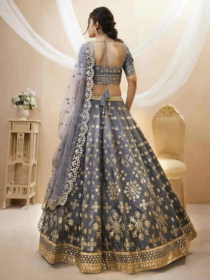 Grey Art Silk lehenga With Sequins Zari Embroidered Work