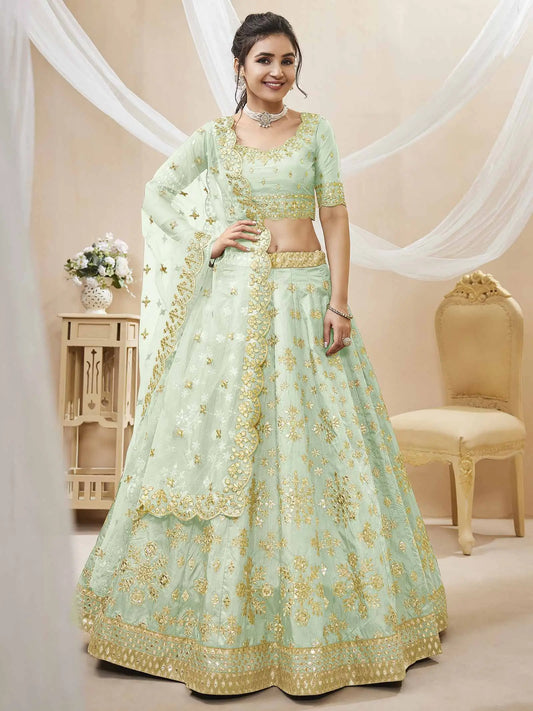 Pista Art Silk lehenga With Sequins Zari Embroidered Work With Net Dupatta