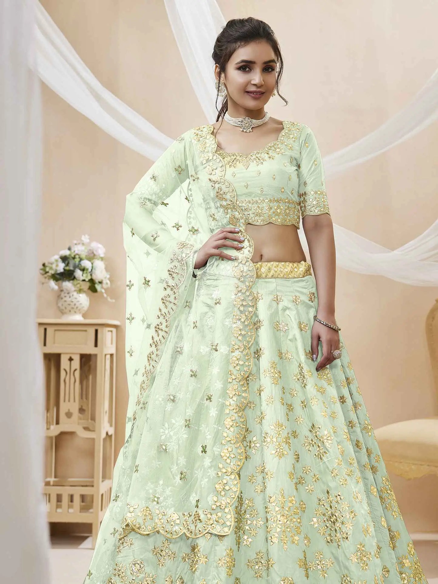 Pista Art Silk lehenga With Sequins Zari Embroidered Work With Net Dupatta