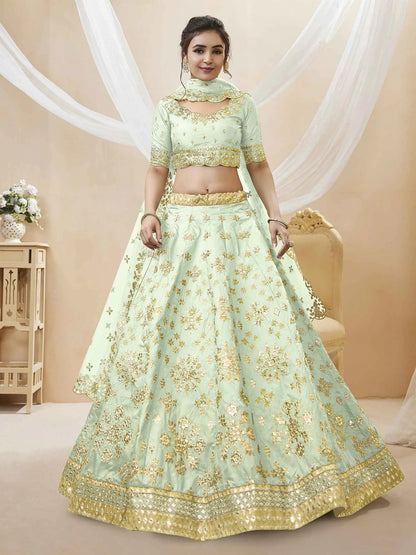 Pista Art Silk lehenga With Sequins Zari Embroidered Work With Net Dupatta