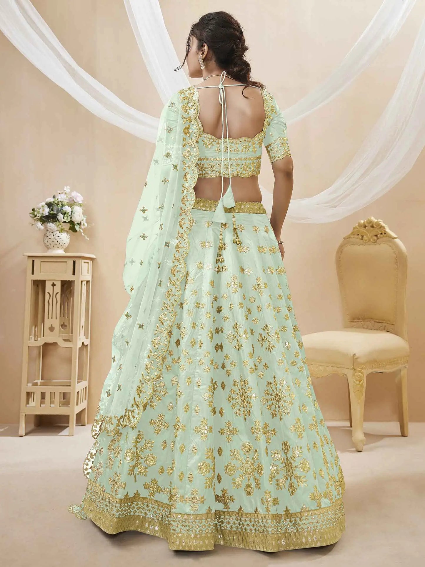 Pista Art Silk lehenga With Sequins Zari Embroidered Work With Net Dupatta