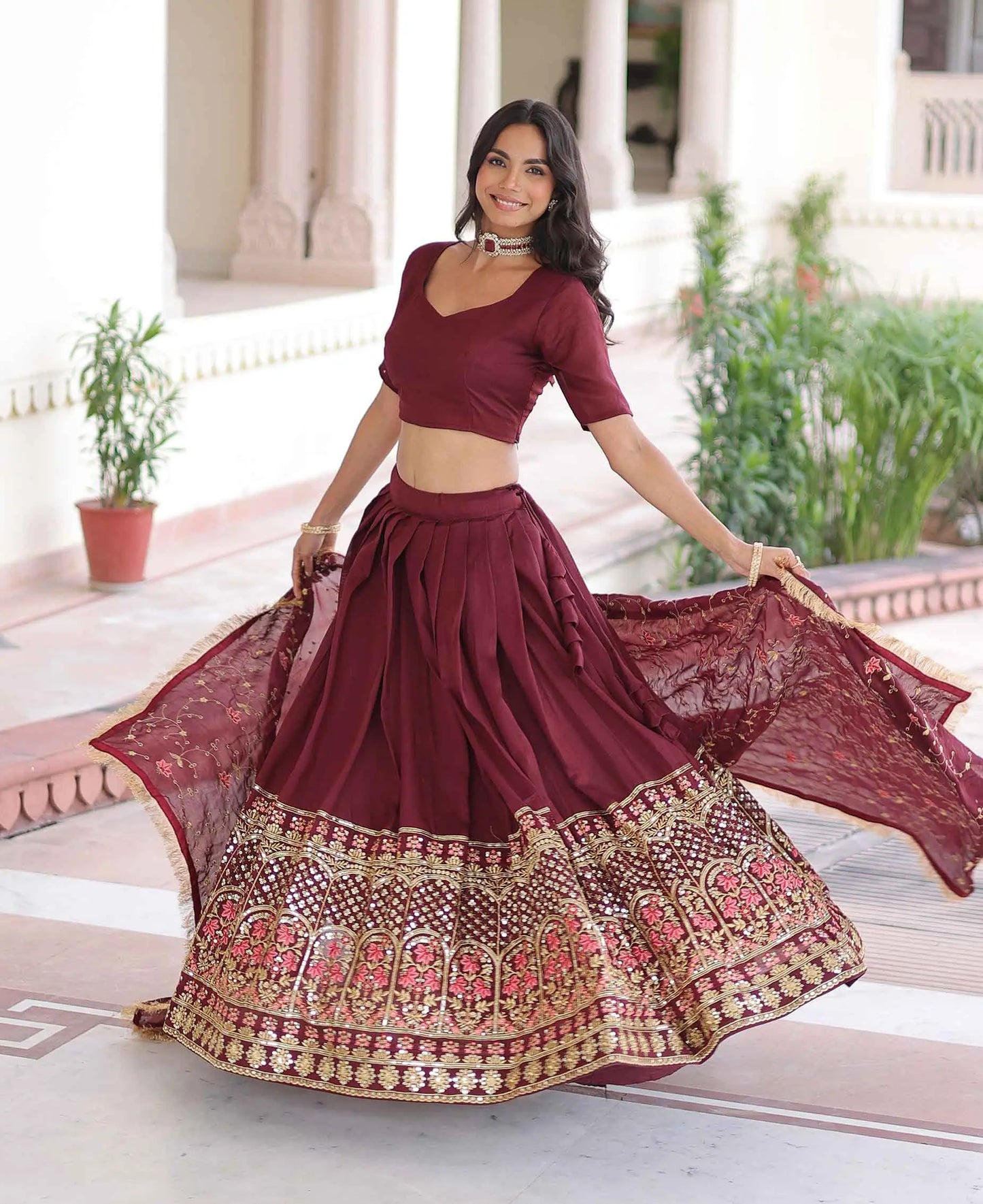 Maroon Lehenga Choli With Multi Embroidery Work