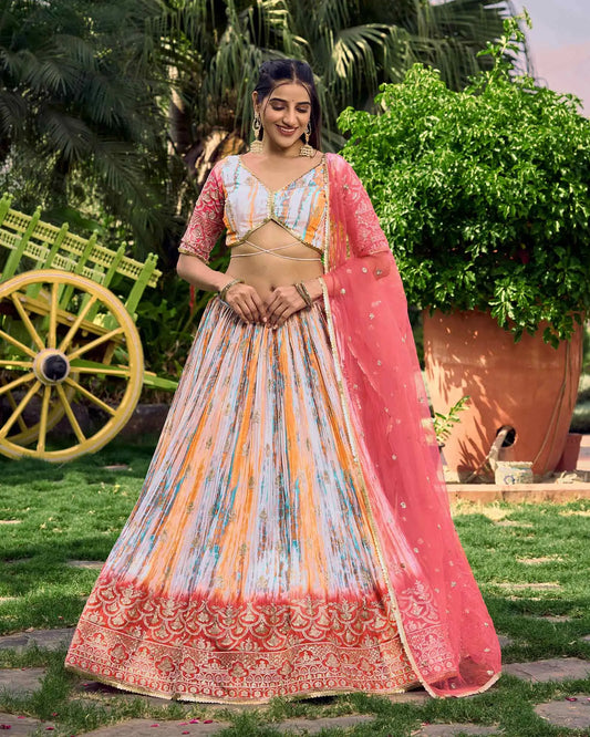 Pink With Multi Color Lehenga With Sequins Zari Embroidery Work With Digital Print