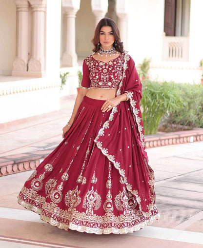 Red Silk Lehenga Choli With Sequins Embroidery Work