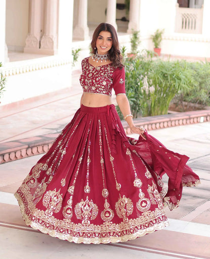 Red Silk Lehenga Choli With Sequins Embroidery Work