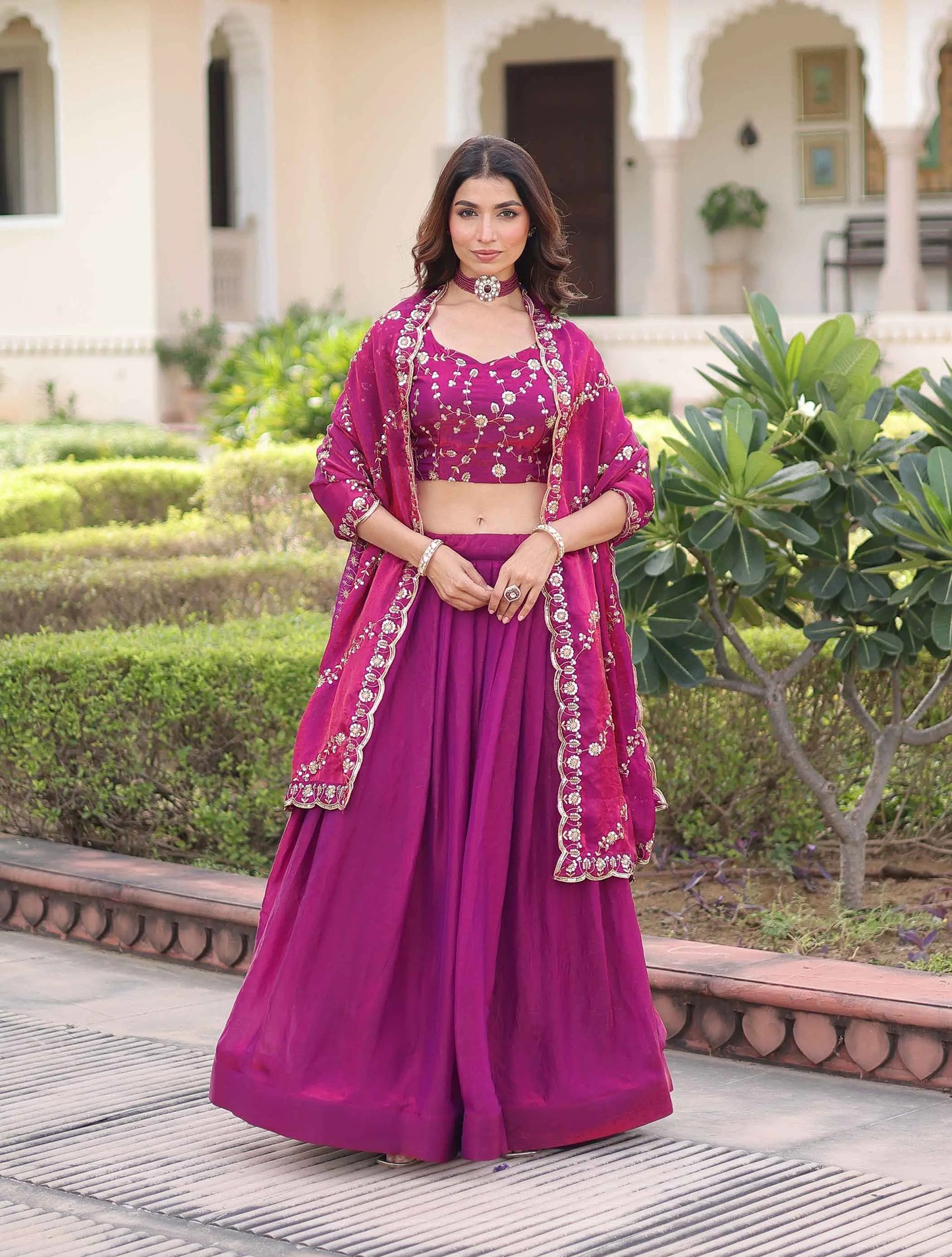 Shiny Pink Embroidery Sequins Work Lehenga Choli