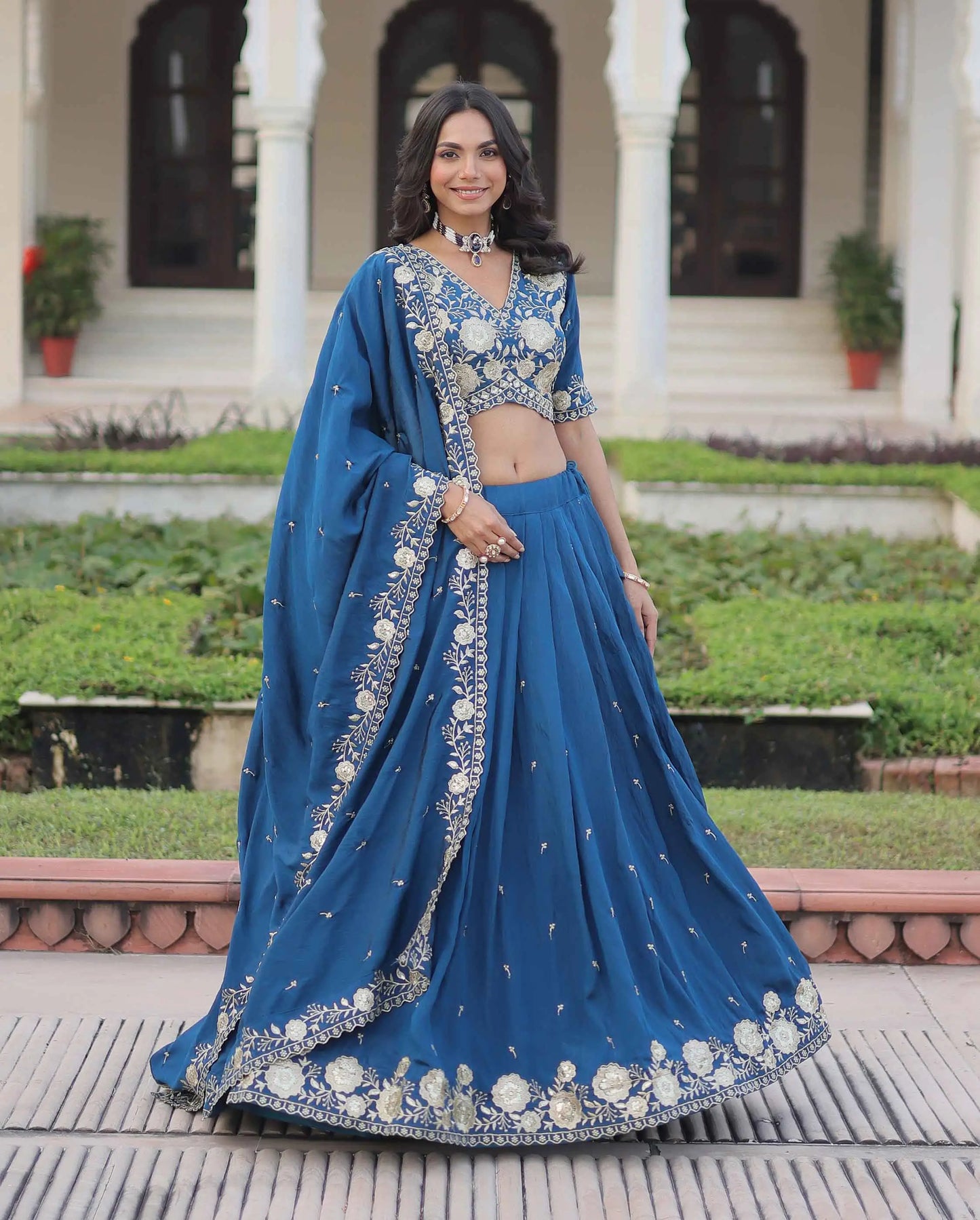 Muted Blue Embroidery Sequins Work Lehenga Choli