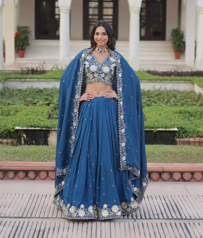 Muted Blue Embroidery Sequins Work Lehenga Choli