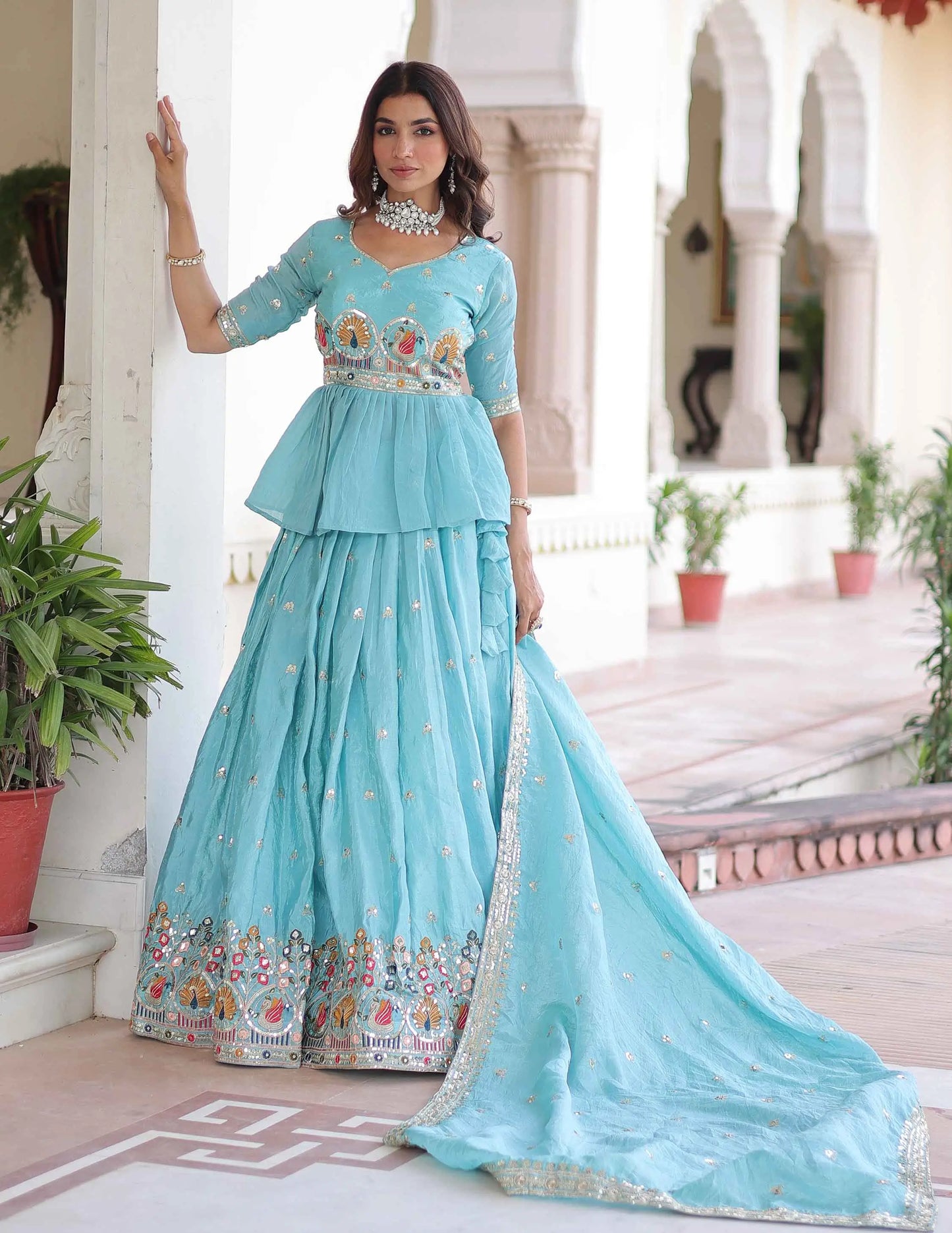 Sky Blue Embroidery Sequins Work Lehenga Choli