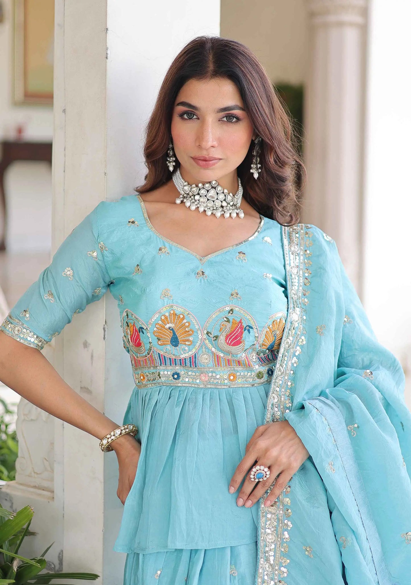 Sky Blue Embroidery Sequins Work Lehenga Choli