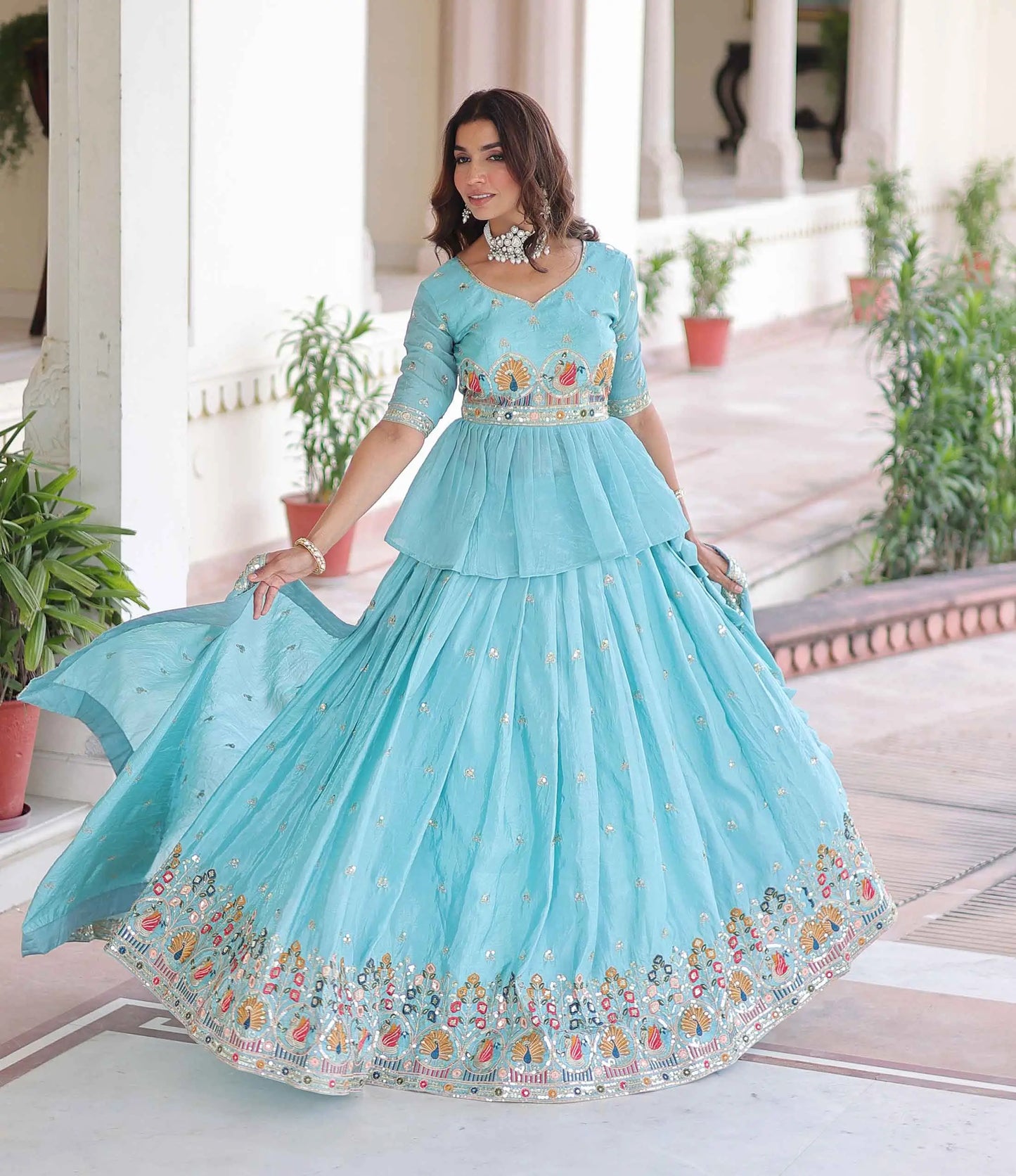 Sky Blue Embroidery Sequins Work Lehenga Choli