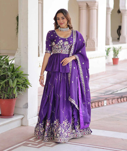 Dark Purple Sequins Embroidery Work Lehenga
