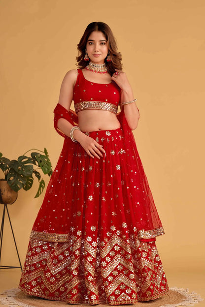 Red Georgette Lehenga With Sequins And Zari Embroidered Work