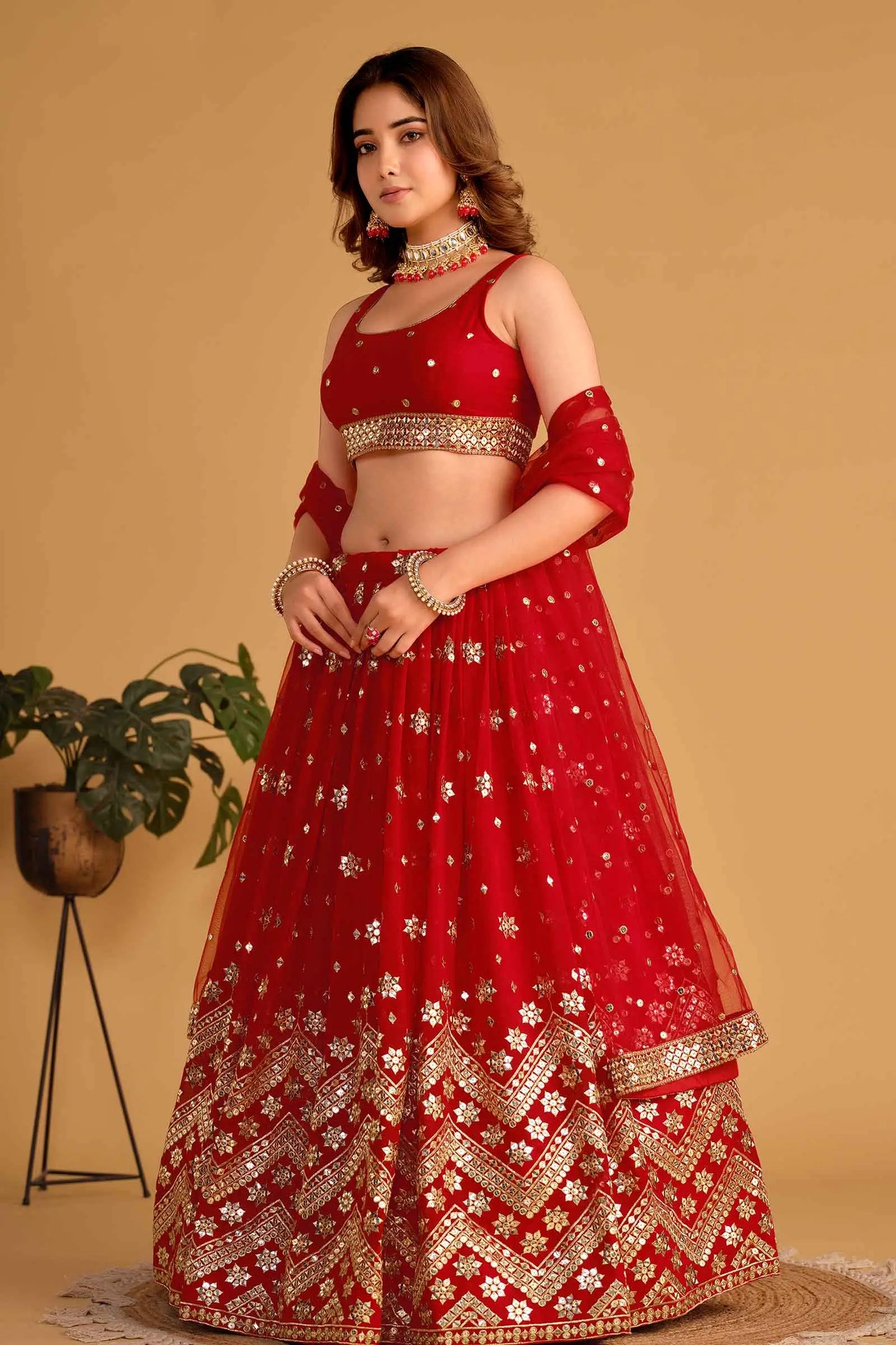 Red Georgette Lehenga With Sequins And Zari Embroidered Work