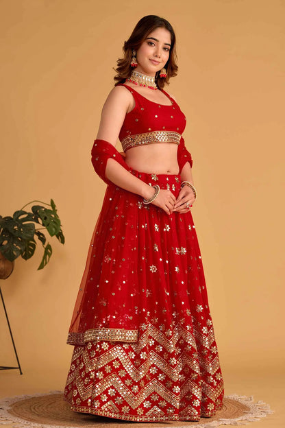 Red Georgette Lehenga With Sequins And Zari Embroidered Work