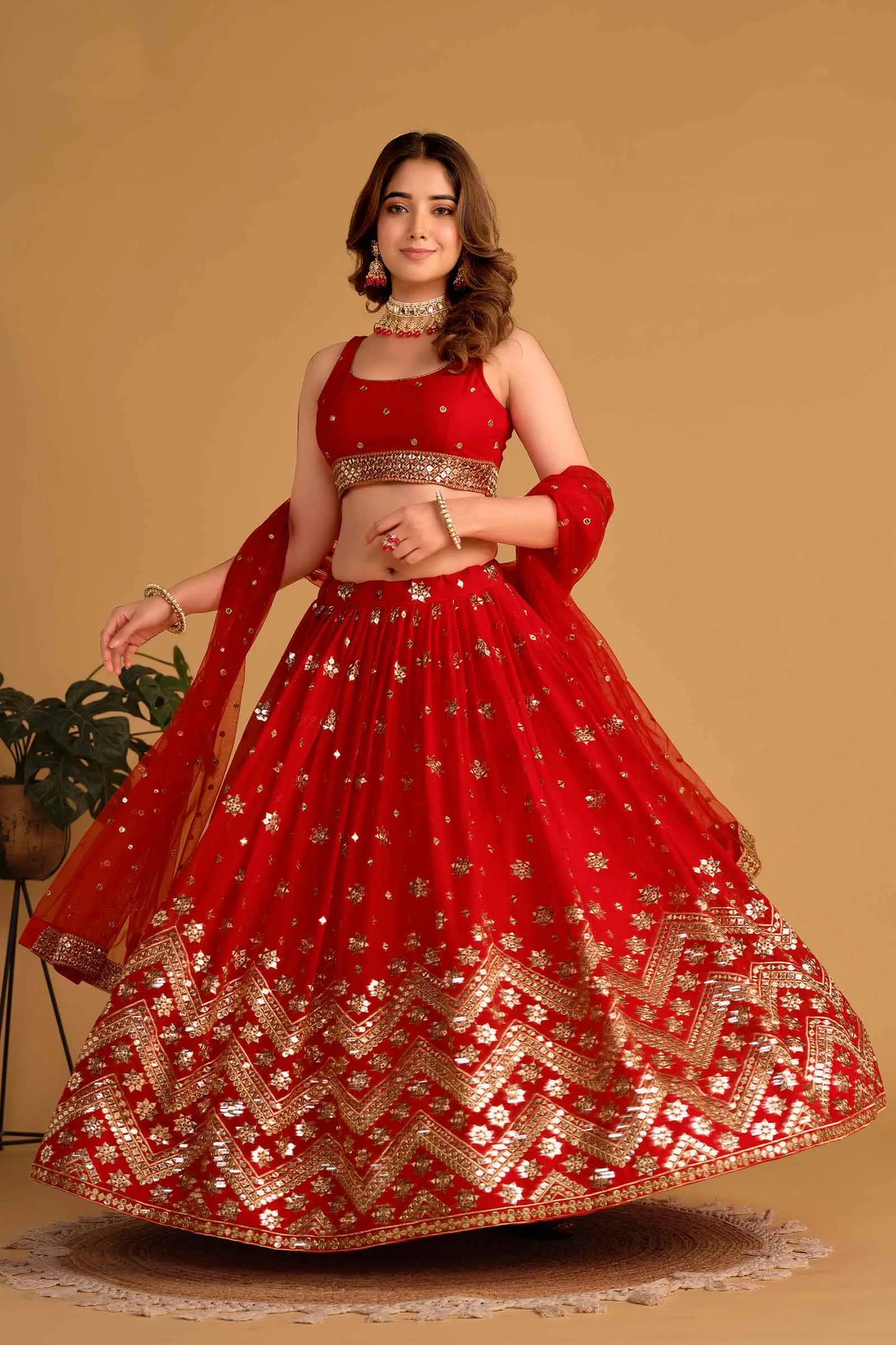 Red Georgette Lehenga With Sequins And Zari Embroidered Work