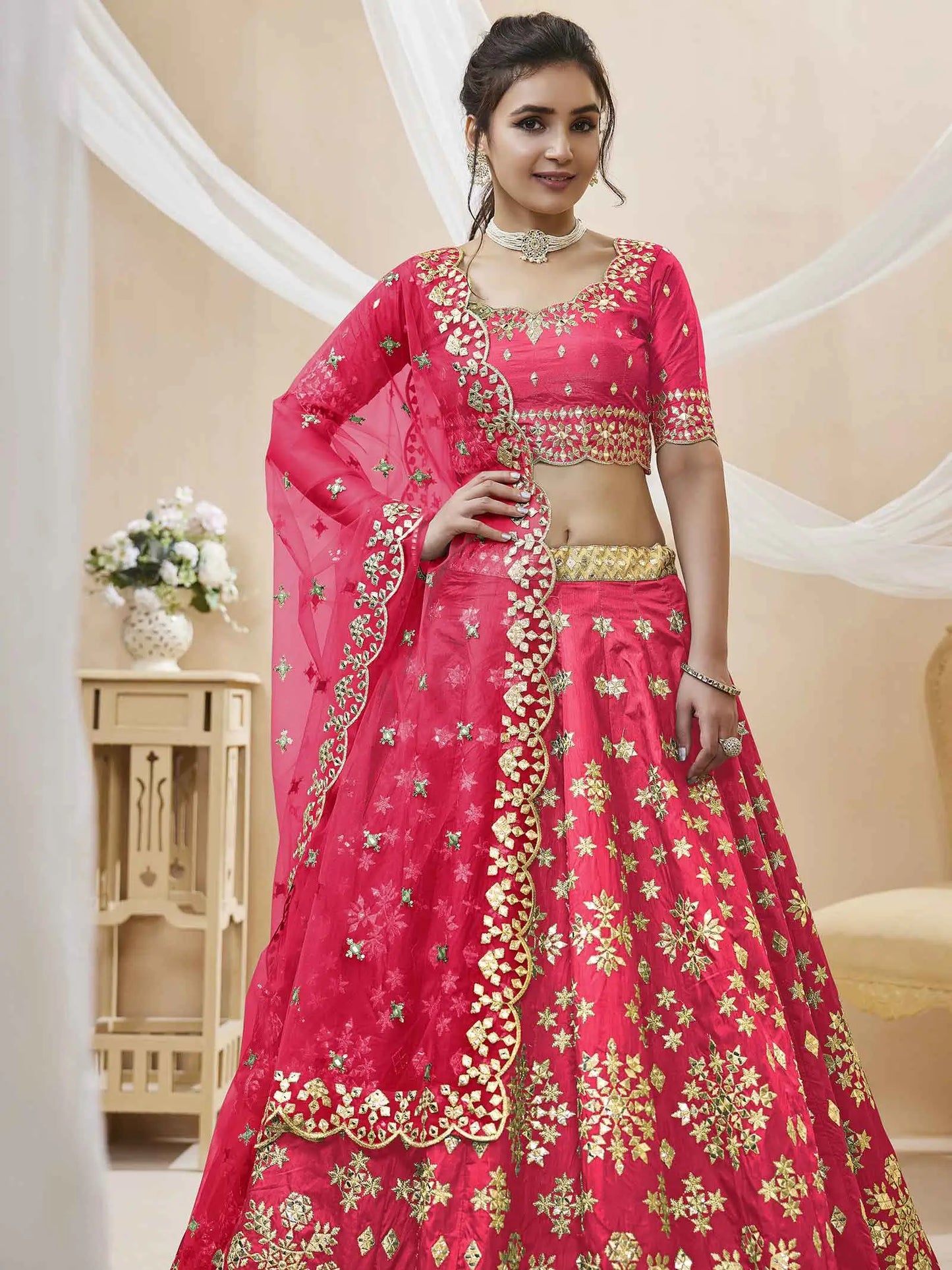 Pink Art Silk lehenga With Sequins Zari Embroidered Work