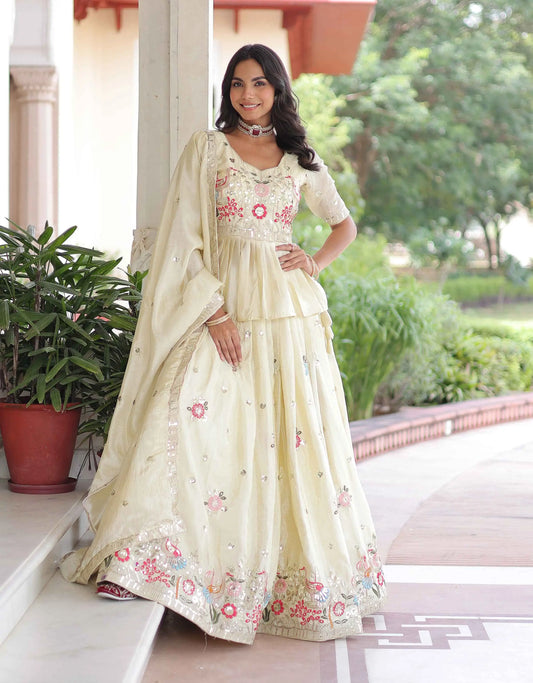 Beige Gold Crush Embroidery Work Lehenga Choli
