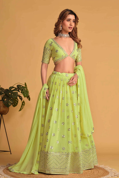 Neon Georgette Lehenga With Sequins And zari Embroidered Work