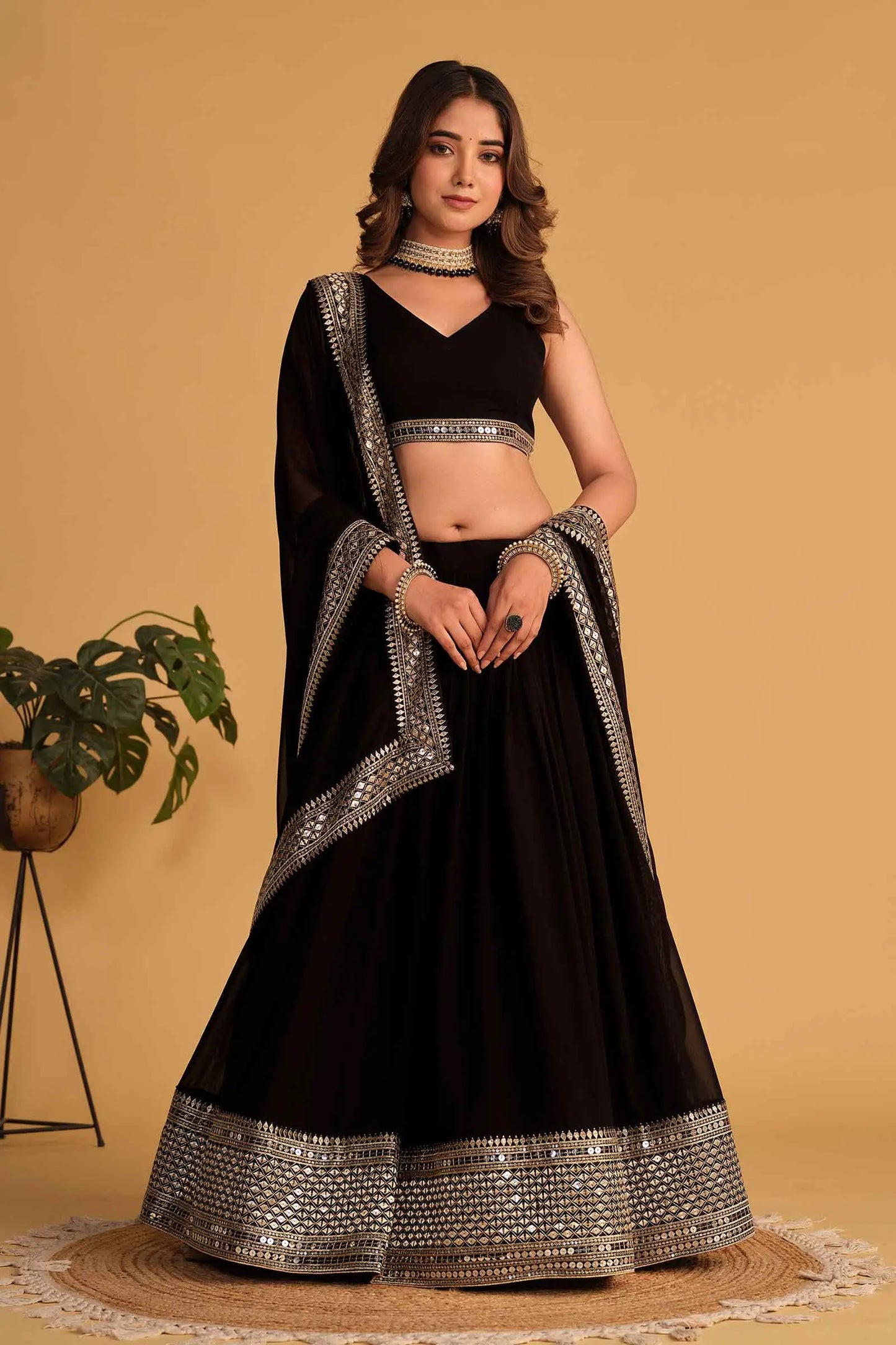 Black Georgette Lehenga With sequins And Zari Embroidered Work With  Dupatta