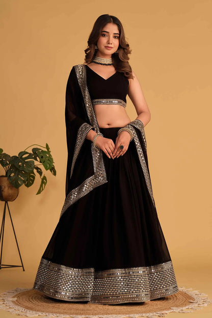 Black Georgette Lehenga With sequins And Zari Embroidered Work With  Dupatta