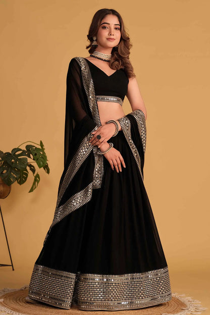 Black Georgette Lehenga With sequins And Zari Embroidered Work With  Dupatta