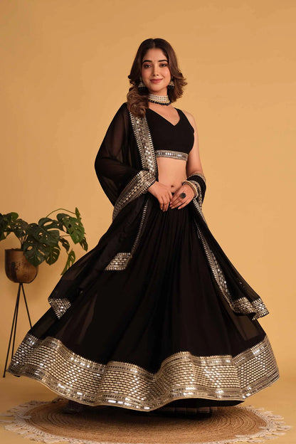 Black Georgette Lehenga With sequins And Zari Embroidered Work With  Dupatta