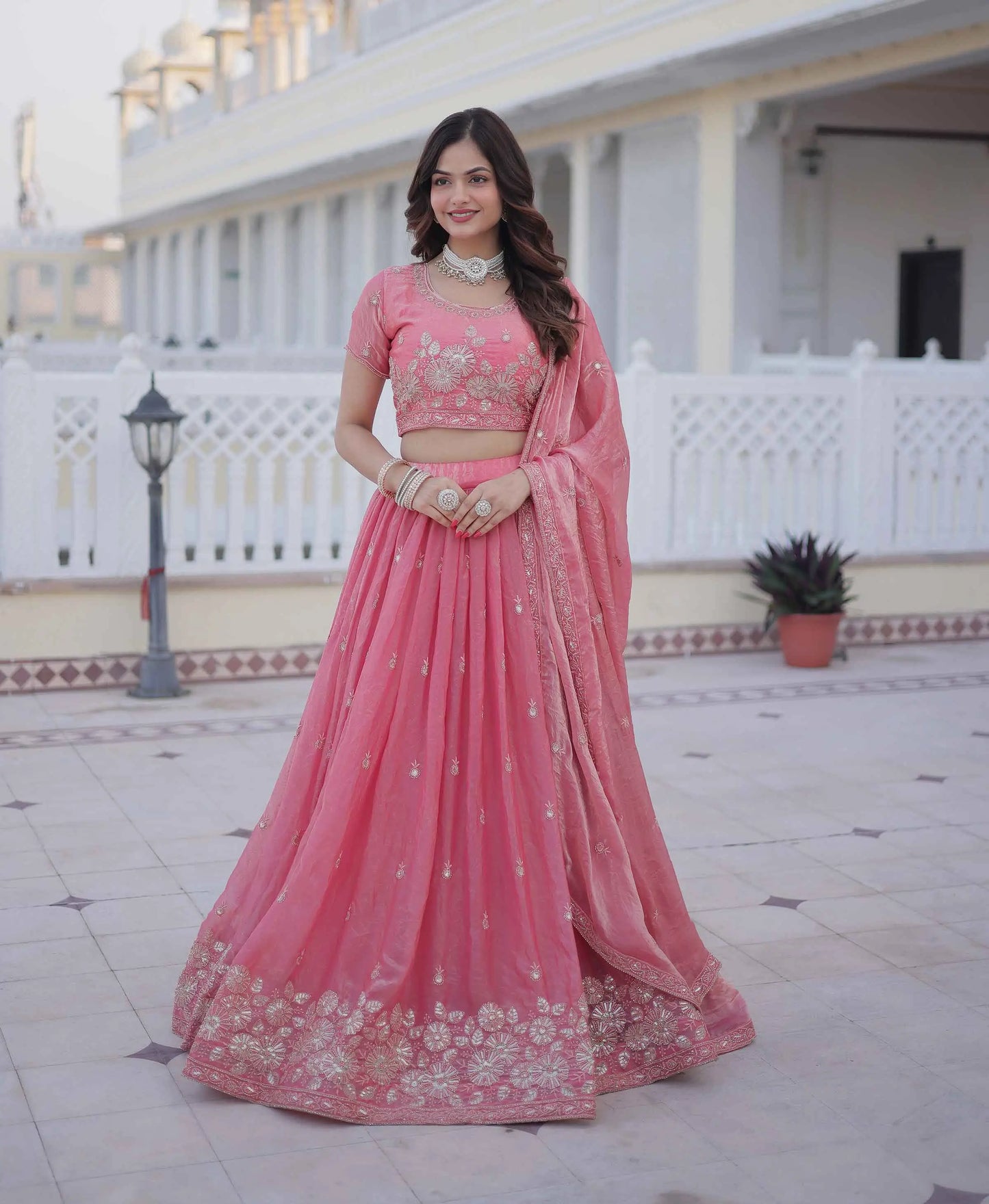 Tulip Pink Embroidery Work Silk Lehenga