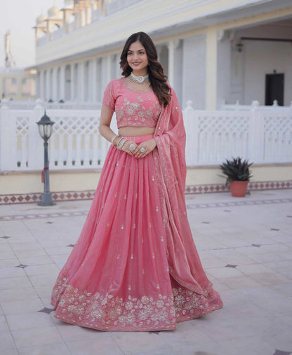 Tulip Pink Embroidery Work Silk Lehenga