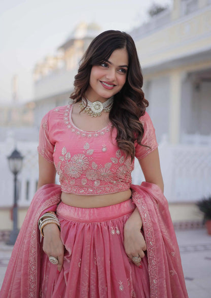 Tulip Pink Embroidery Work Silk Lehenga