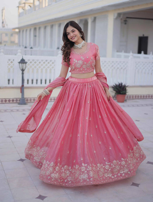 Tulip Pink Embroidery Work Silk Lehenga