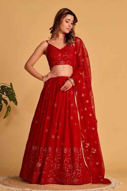 Red Georgette Lehenga With Sequins And Zari Embroidered Work