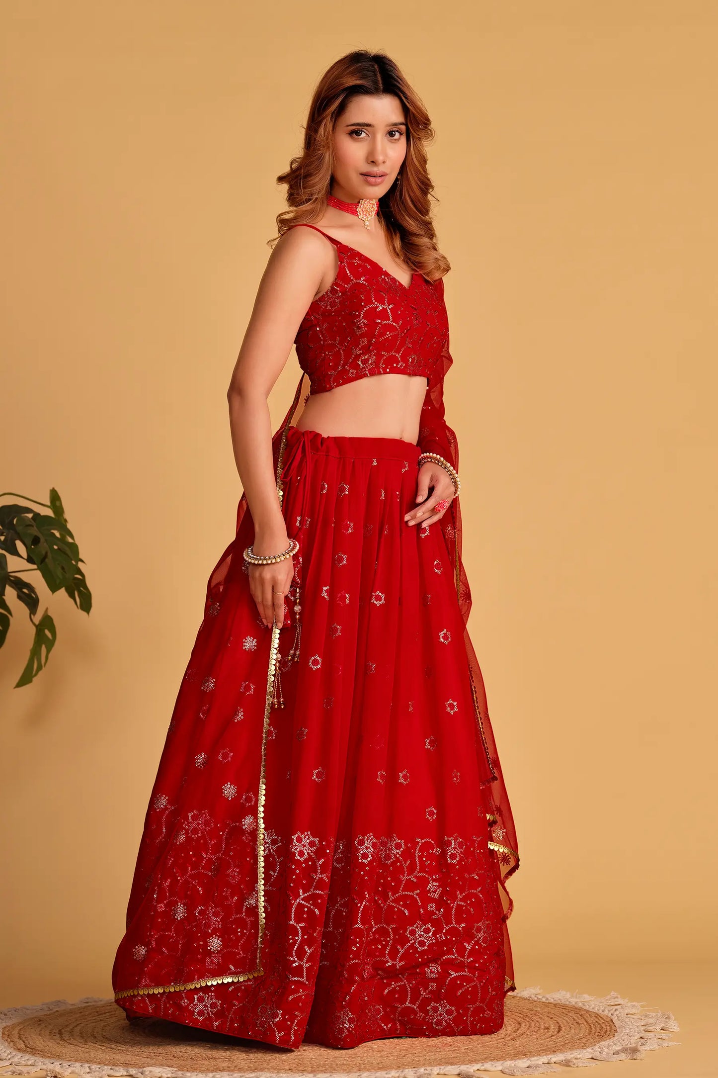 Red Georgette Lehenga With Sequins And Zari Embroidered Work