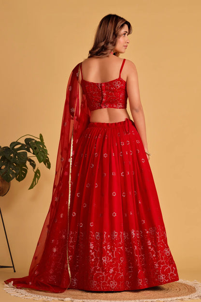 Red Georgette Lehenga With Sequins And Zari Embroidered Work