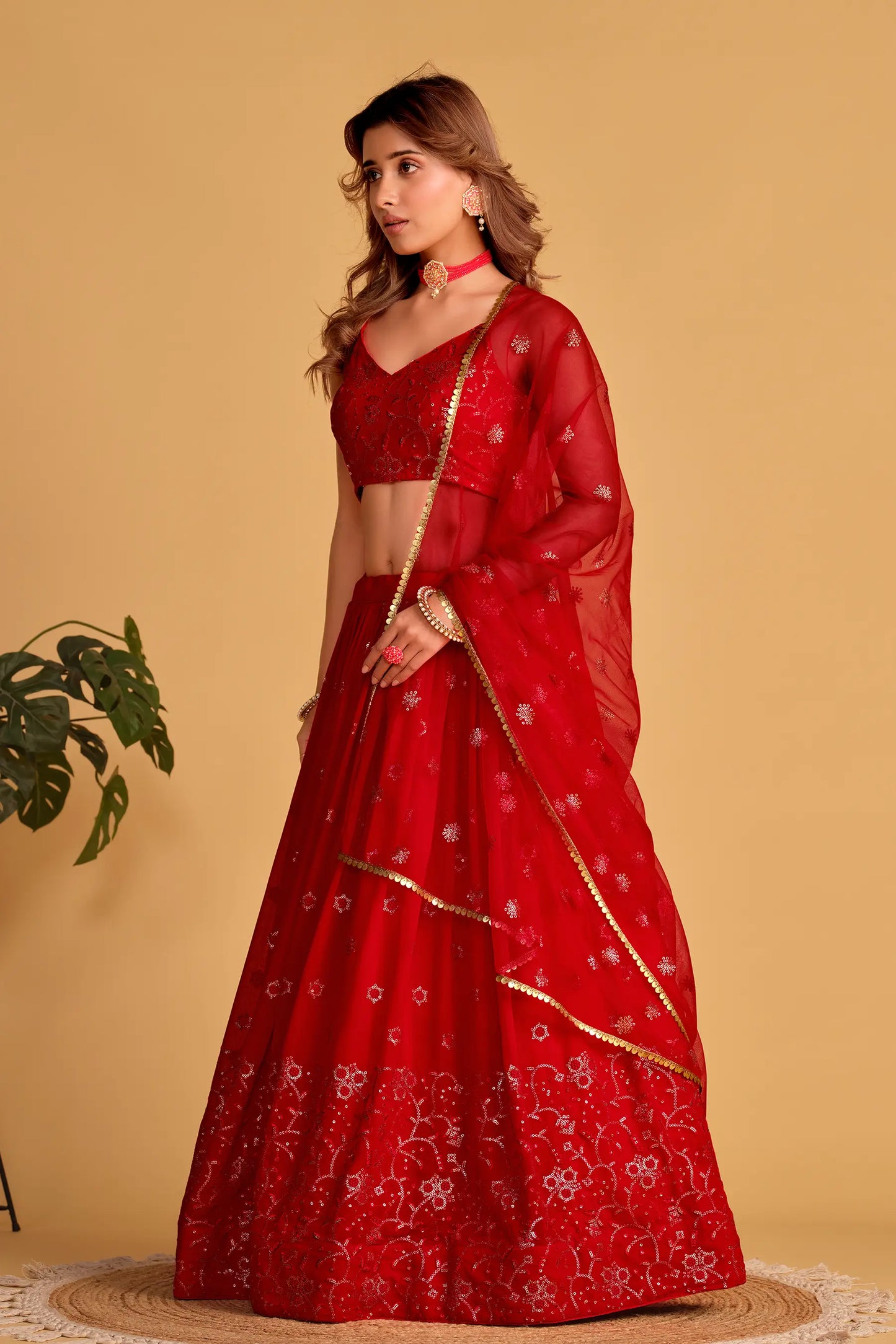 Red Georgette Lehenga With Sequins And Zari Embroidered Work