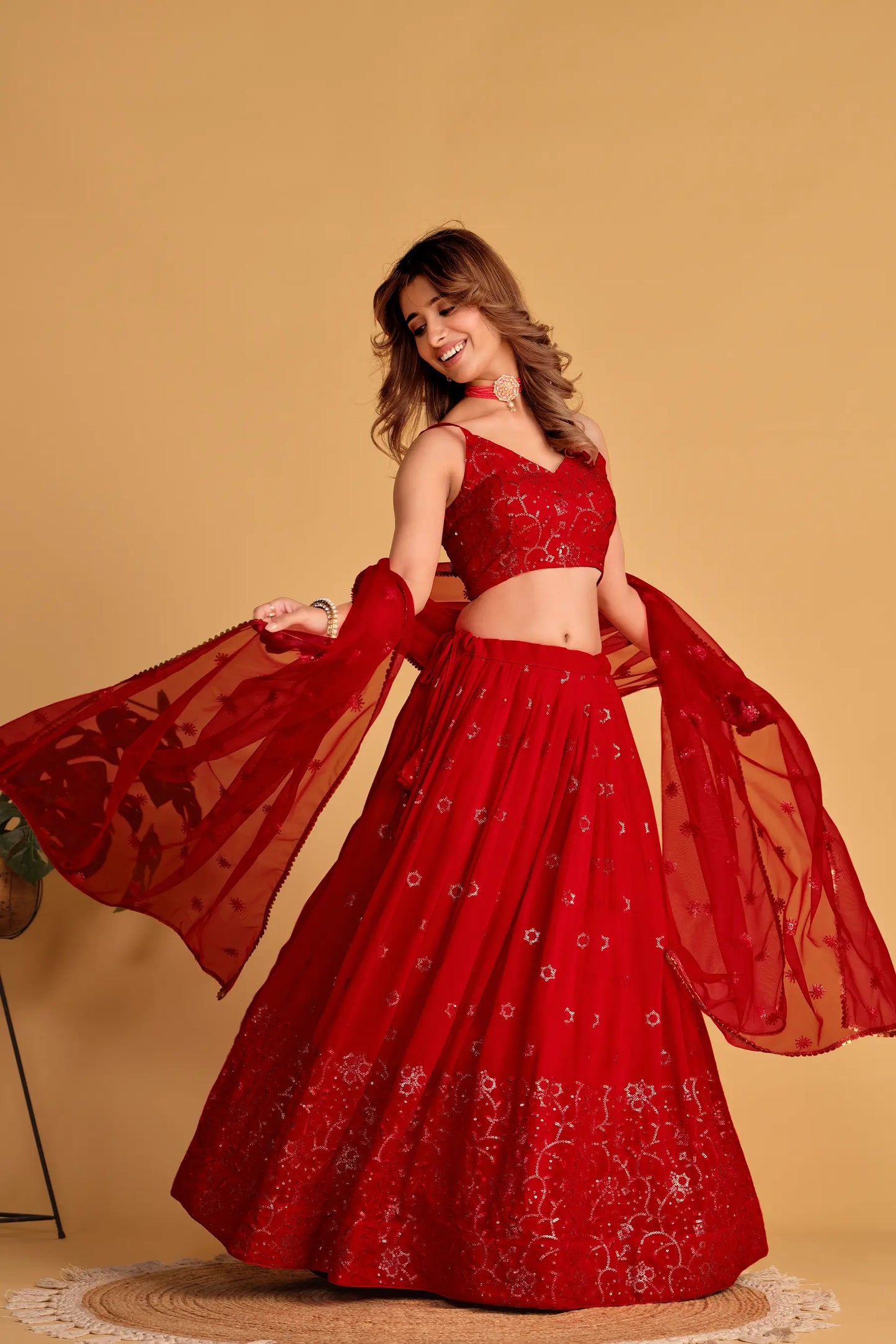 Red Georgette Lehenga With Sequins And Zari Embroidered Work