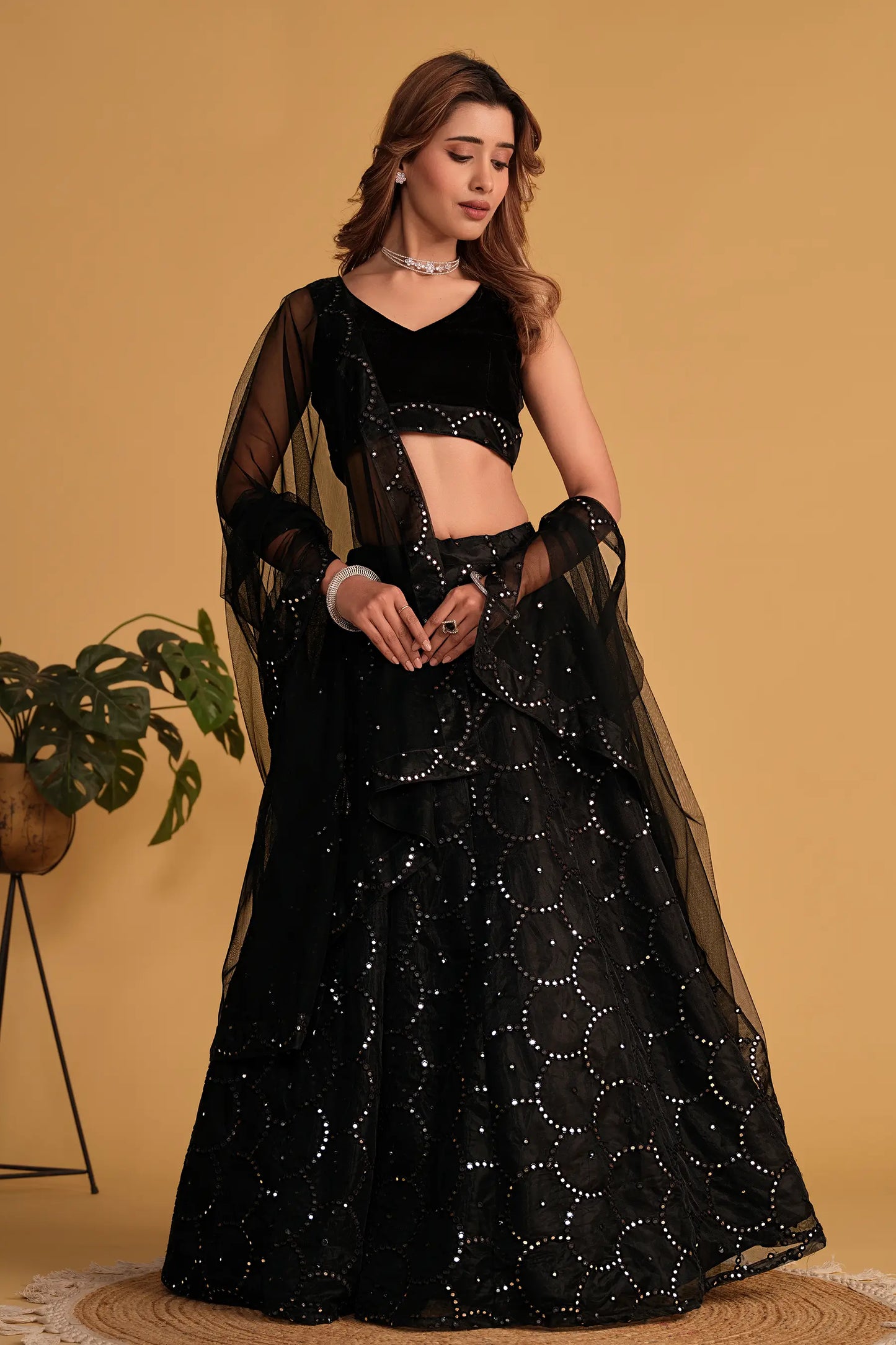 Black Organza Net Lehenga With Sequins Embroidered Work With Net Dupatta