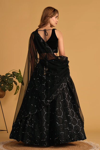 Black Organza Net Lehenga With Sequins Embroidered Work With Net Dupatta