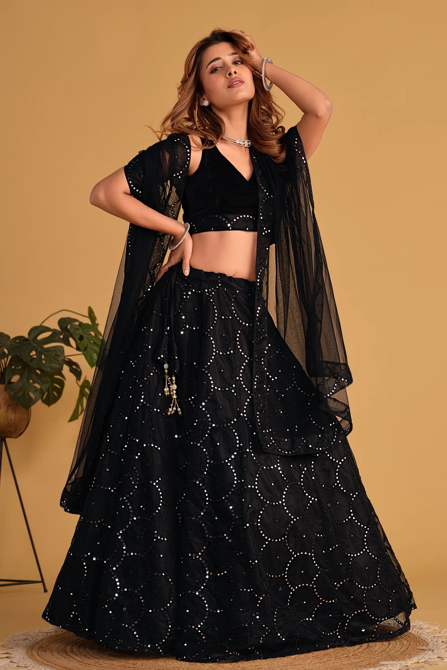 Black Organza Net Lehenga With Sequins Embroidered Work With Net Dupatta