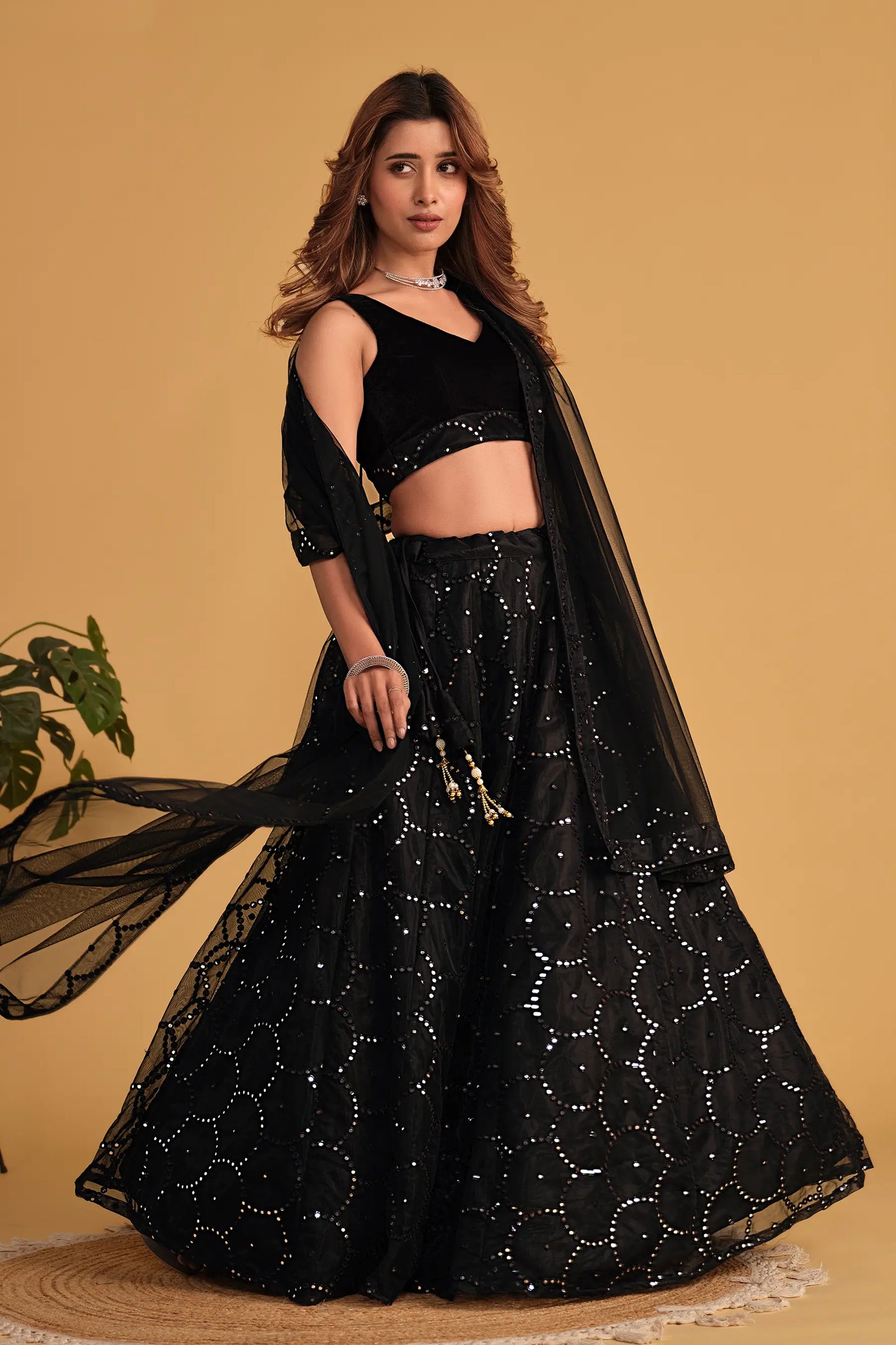 Black Organza Net Lehenga With Sequins Embroidered Work With Net Dupatta