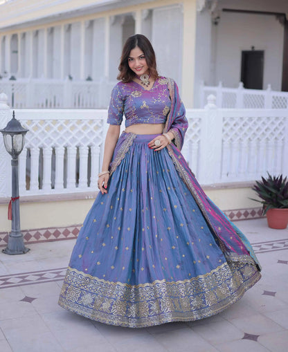 Dull Blue Embroidery Work Silk Lehenga