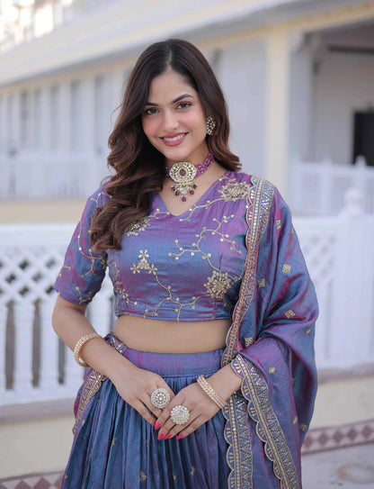Dull Blue Embroidery Work Silk Lehenga