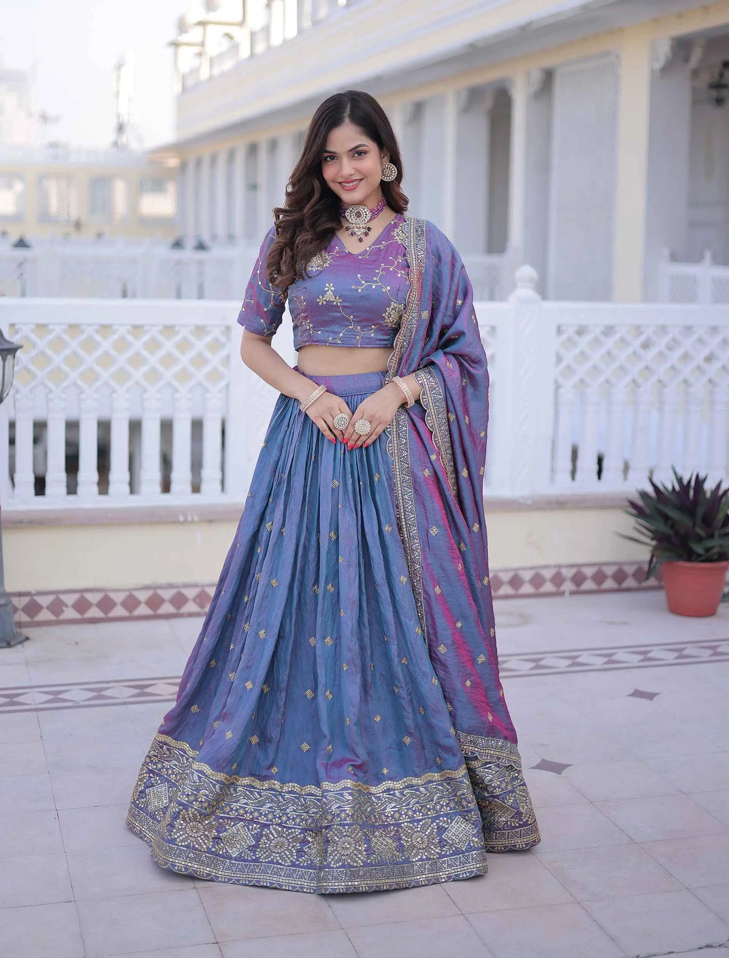 Dull Blue Embroidery Work Silk Lehenga