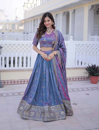 Dull Blue Embroidery Work Silk Lehenga