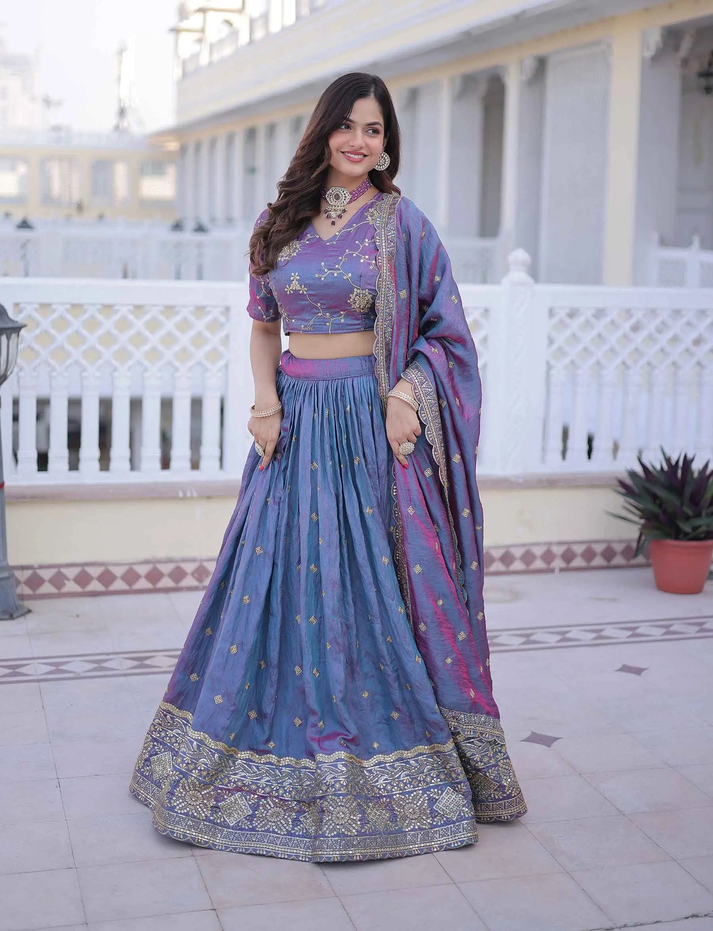 Dull Blue Embroidery Work Silk Lehenga