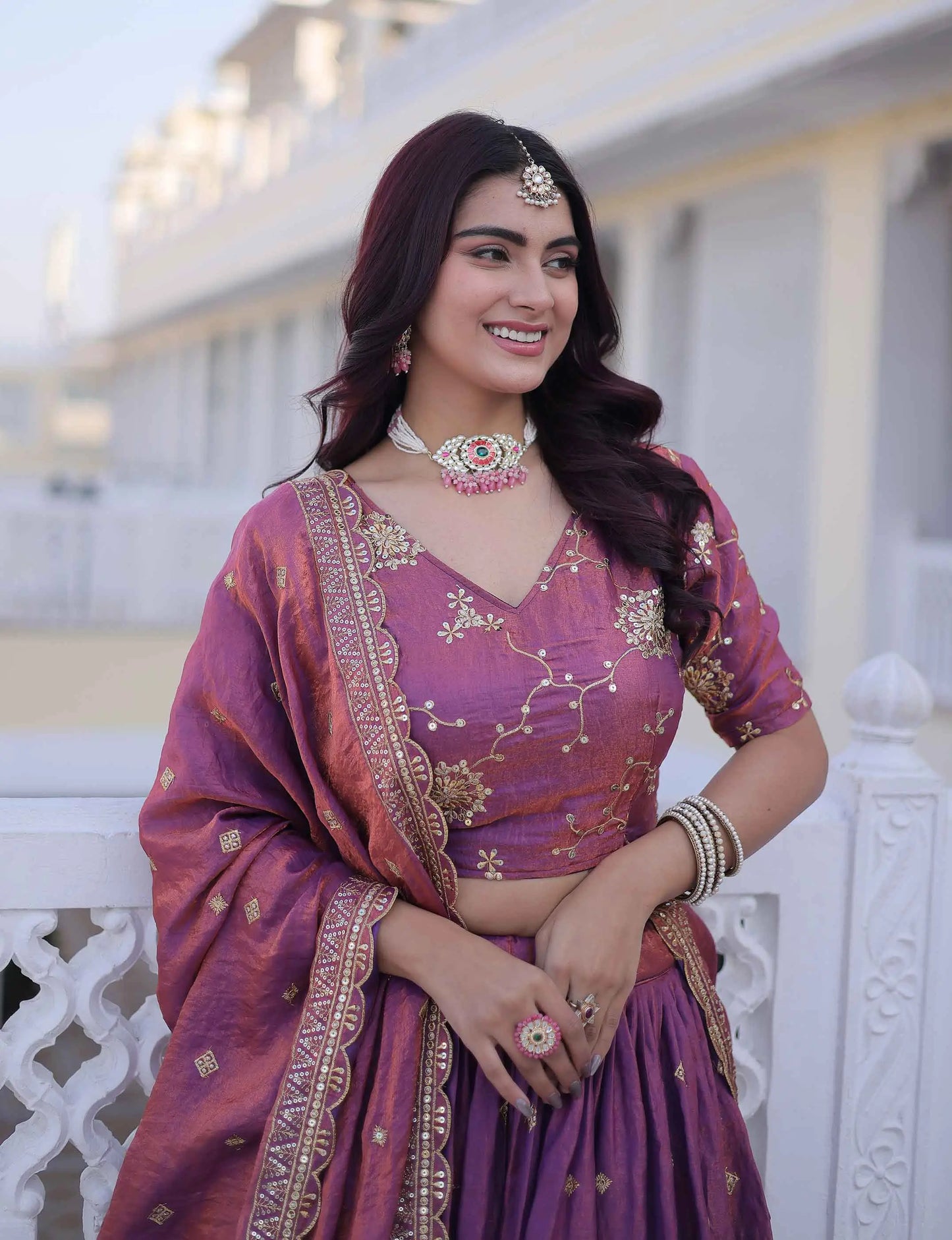 Light Plum Embroidery Work Silk Lehenga