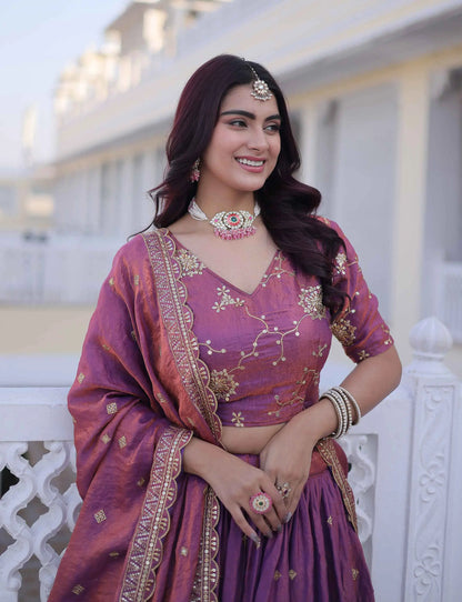 Light Plum Embroidery Work Silk Lehenga