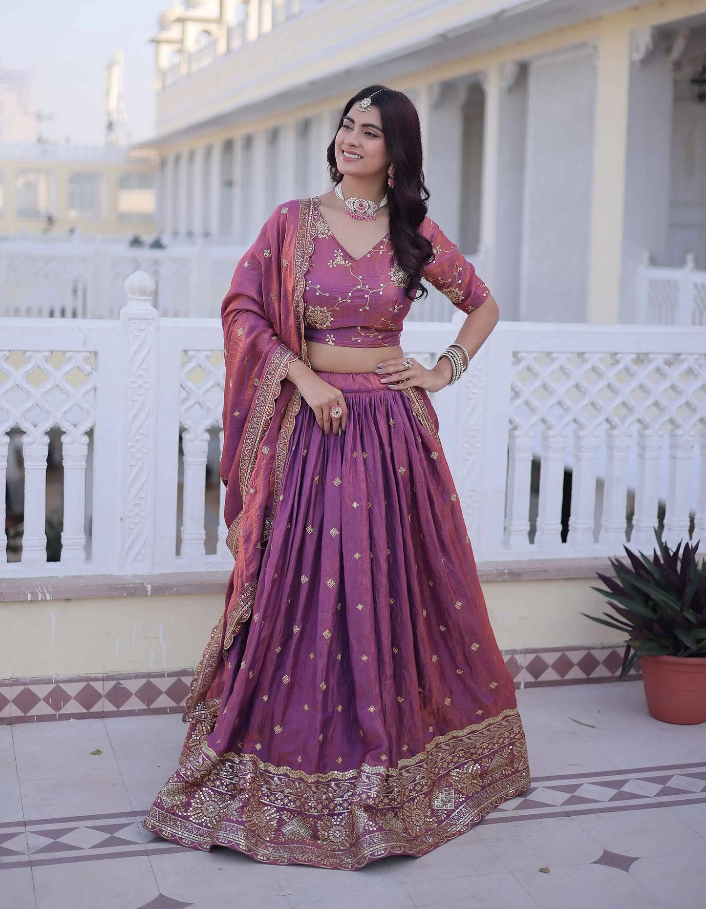 Light Plum Embroidery Work Silk Lehenga