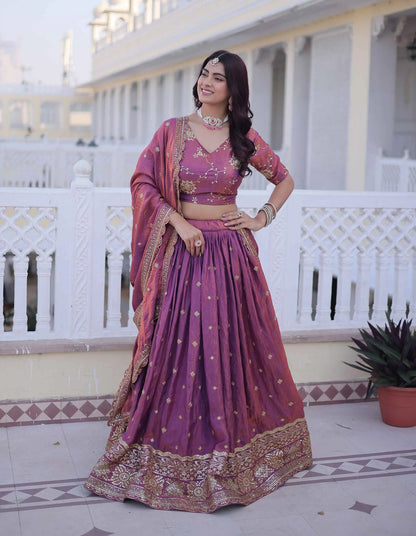 Light Plum Embroidery Work Silk Lehenga