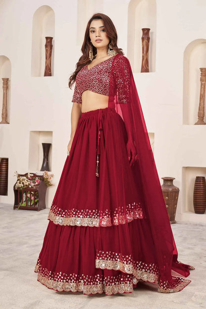 Red Designer Georgette Lehenga With Sequins And Zari embroidery Work